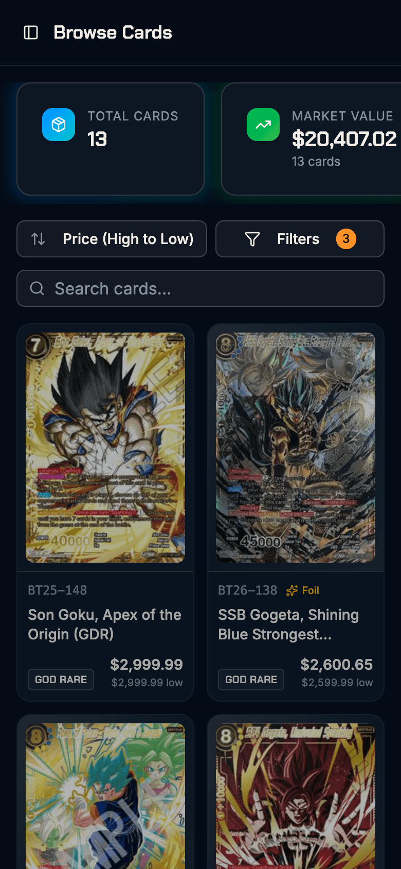 KiBinder mobile app showing DBS card collection tracking