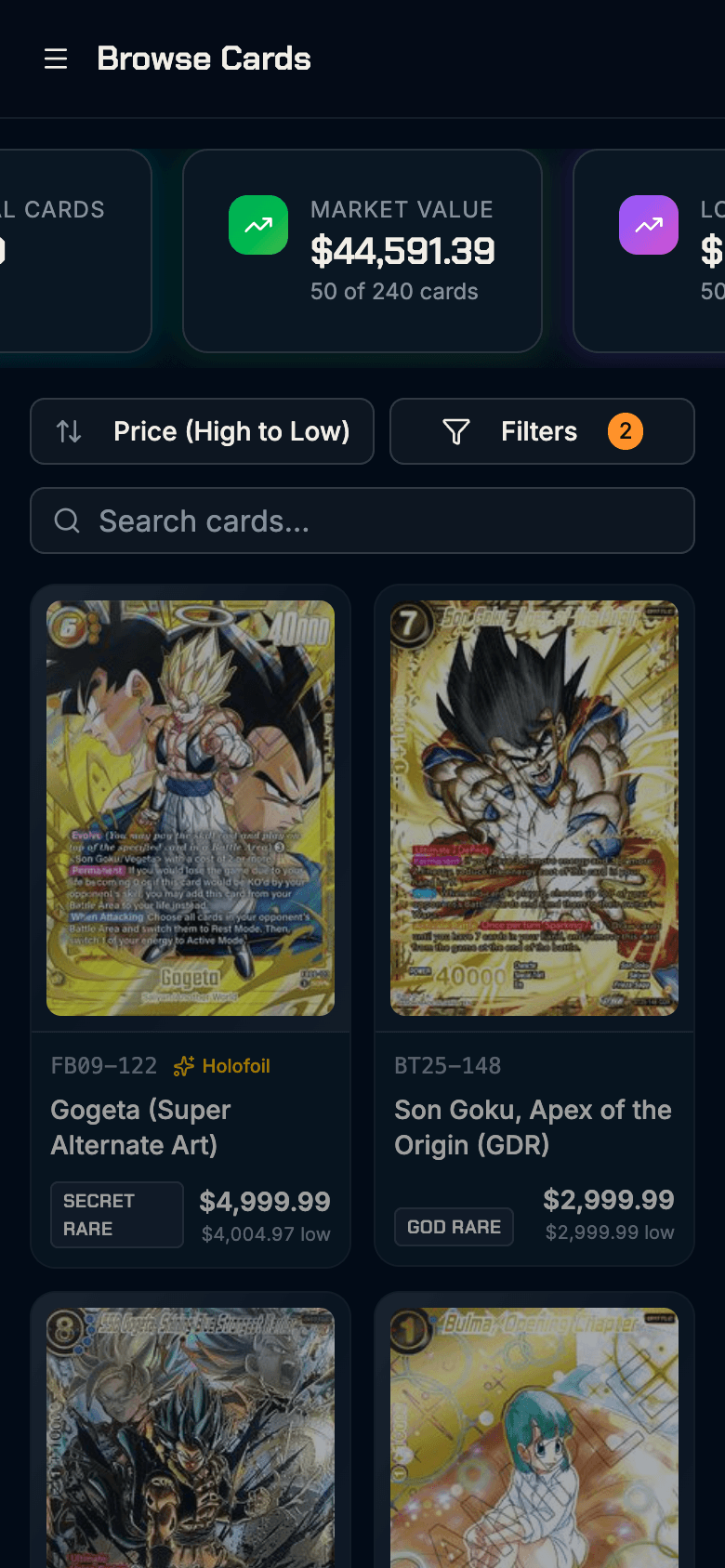 Mobile card search and collection browser for DBS Masters and Fusion World