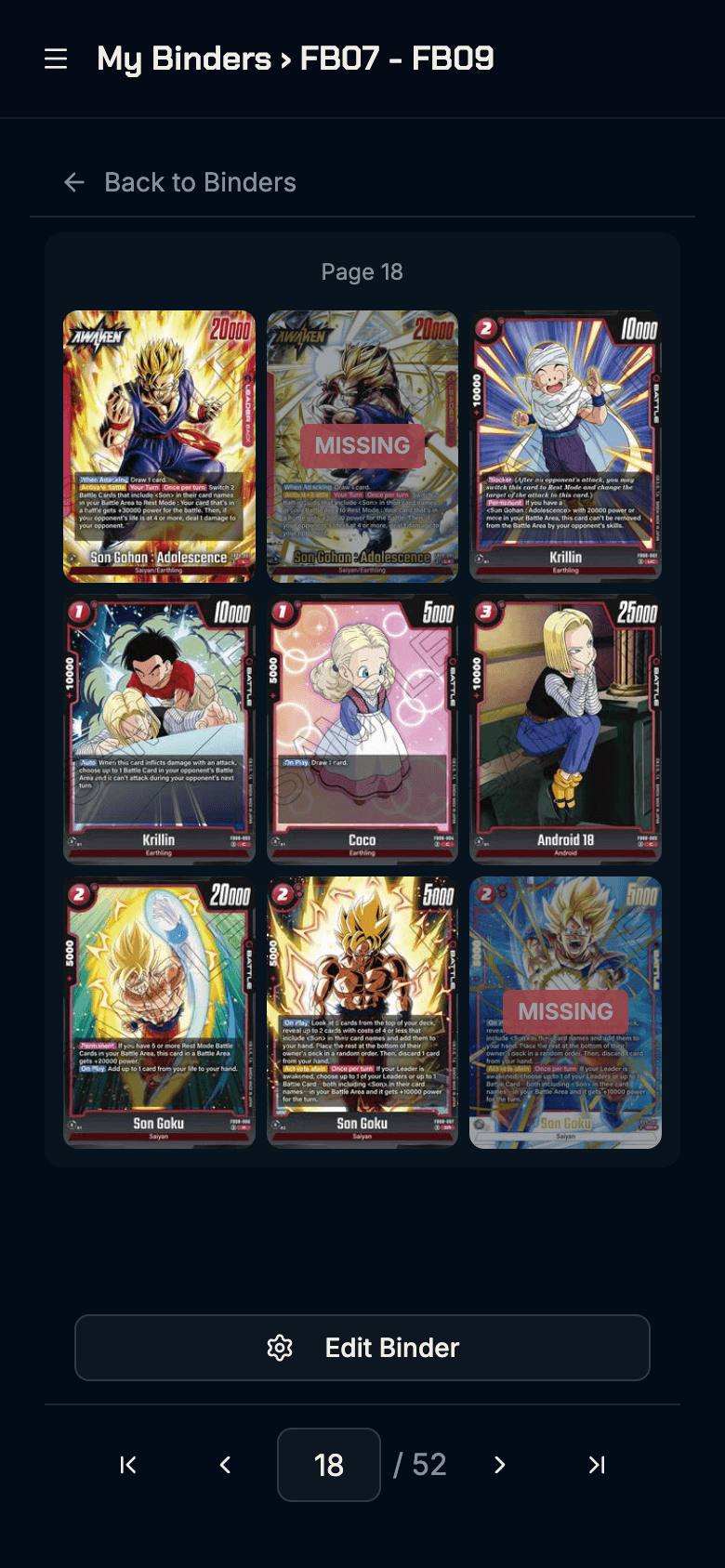 Mobile view of a custom Dragon Ball Super card binder
