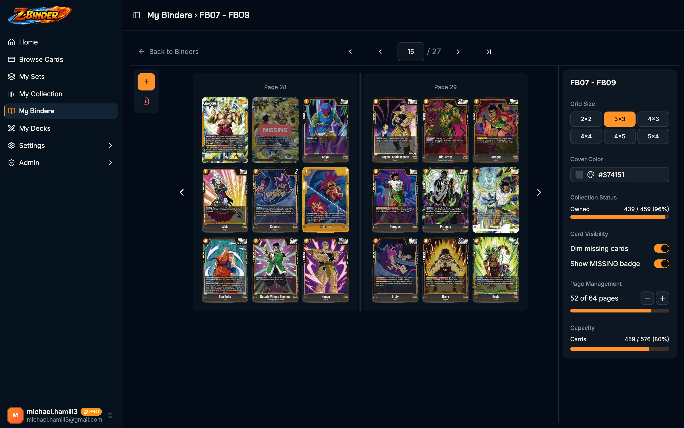 Virtual binder with Dragon Ball Super cards arranged on customizable pages