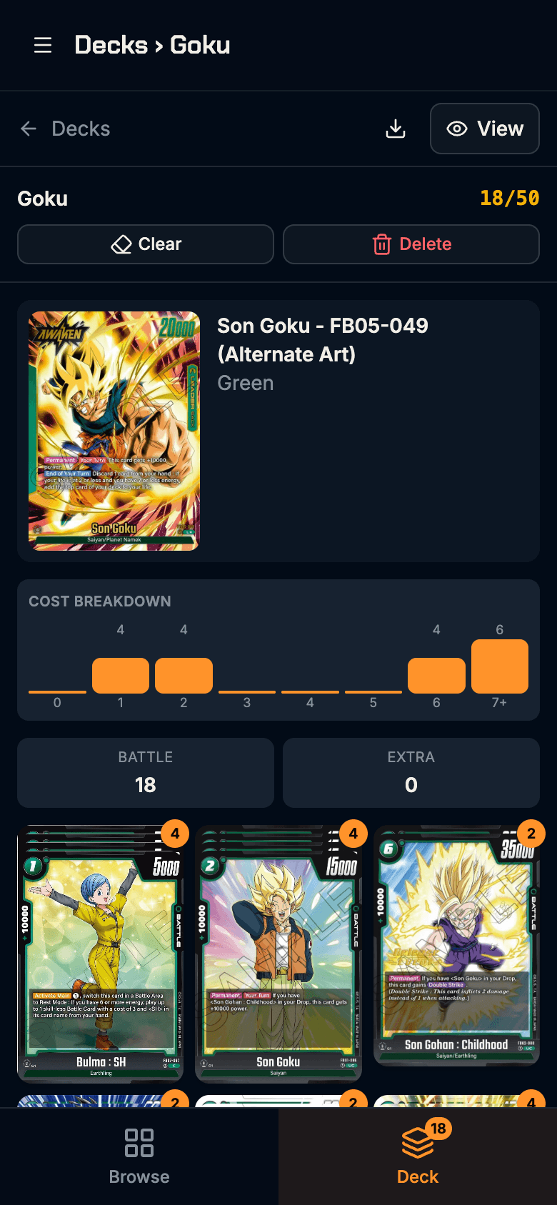 Mobile deck builder for DBS Fusion World with card browser