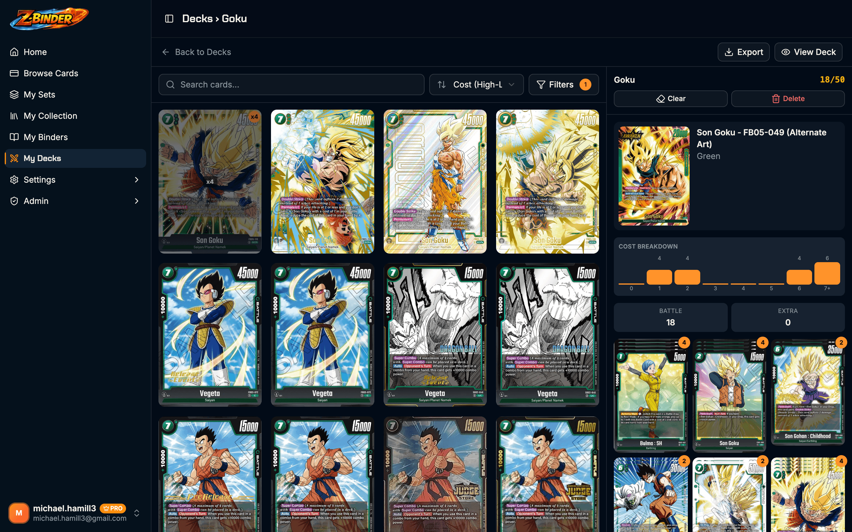 Dragon Ball Super TCG deck builder with card list and cost breakdown