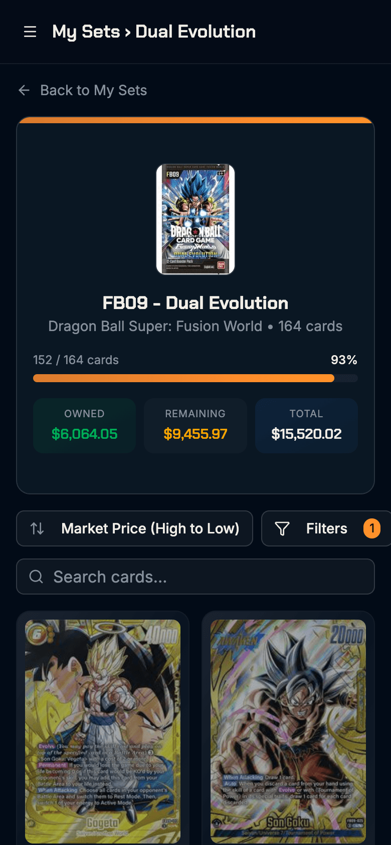 Mobile view of DBS set completion tracking with card grid